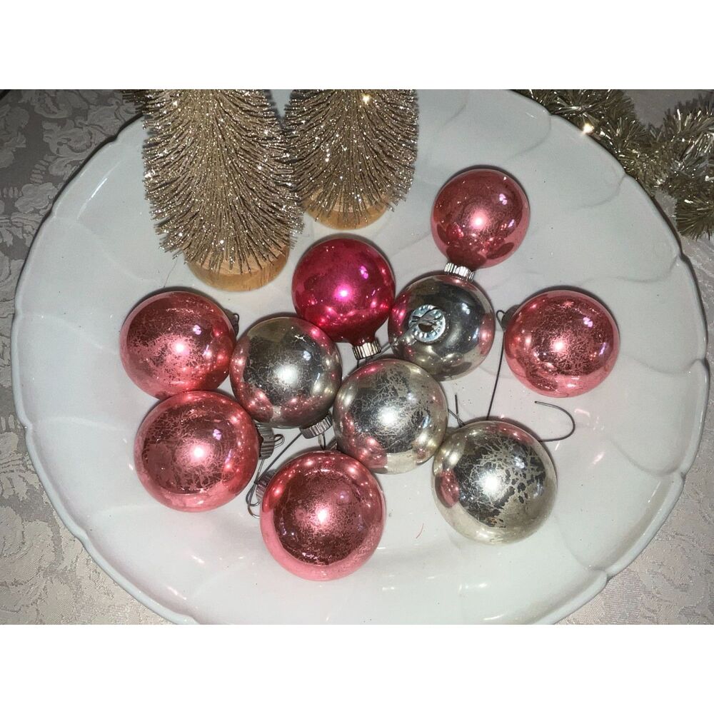 10 vintage Shiny Brite Christmas balls; pastel colors pink and silver - Picture 4 of 4